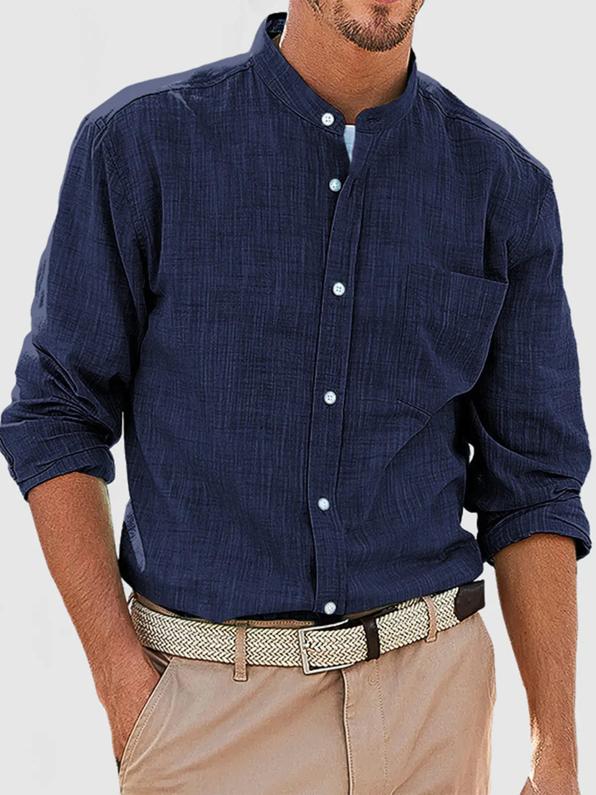 Men's Casual Daily Solid Color Simple Stand Collar Long-sleeved Shirt