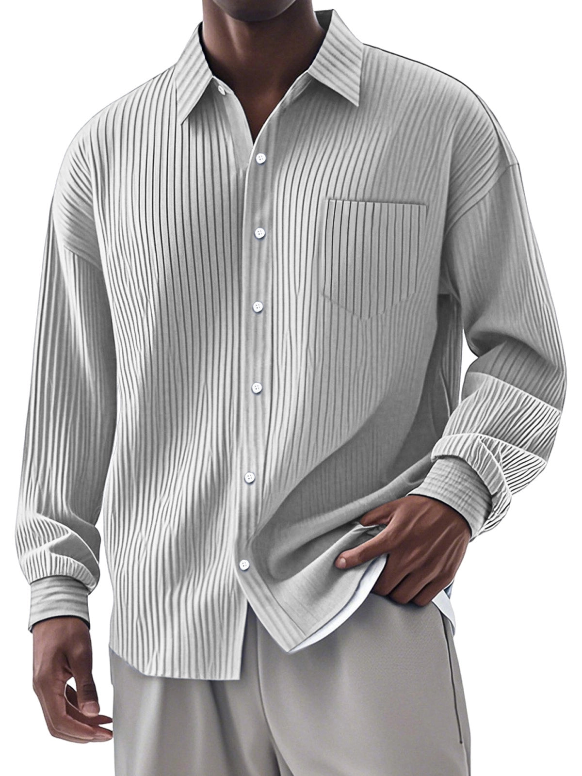 Men's Casual Simple Vertical Pit Strip Long-sleeved Lapel Shirt