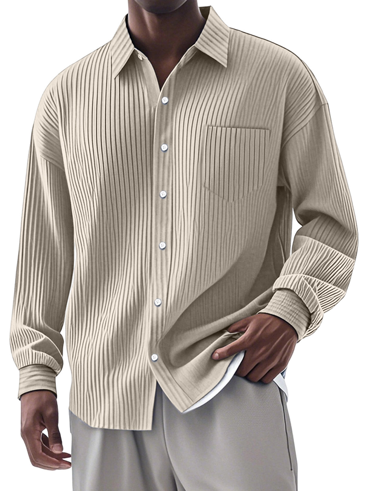 Men's Casual Simple Vertical Pit Strip Long-sleeved Lapel Shirt