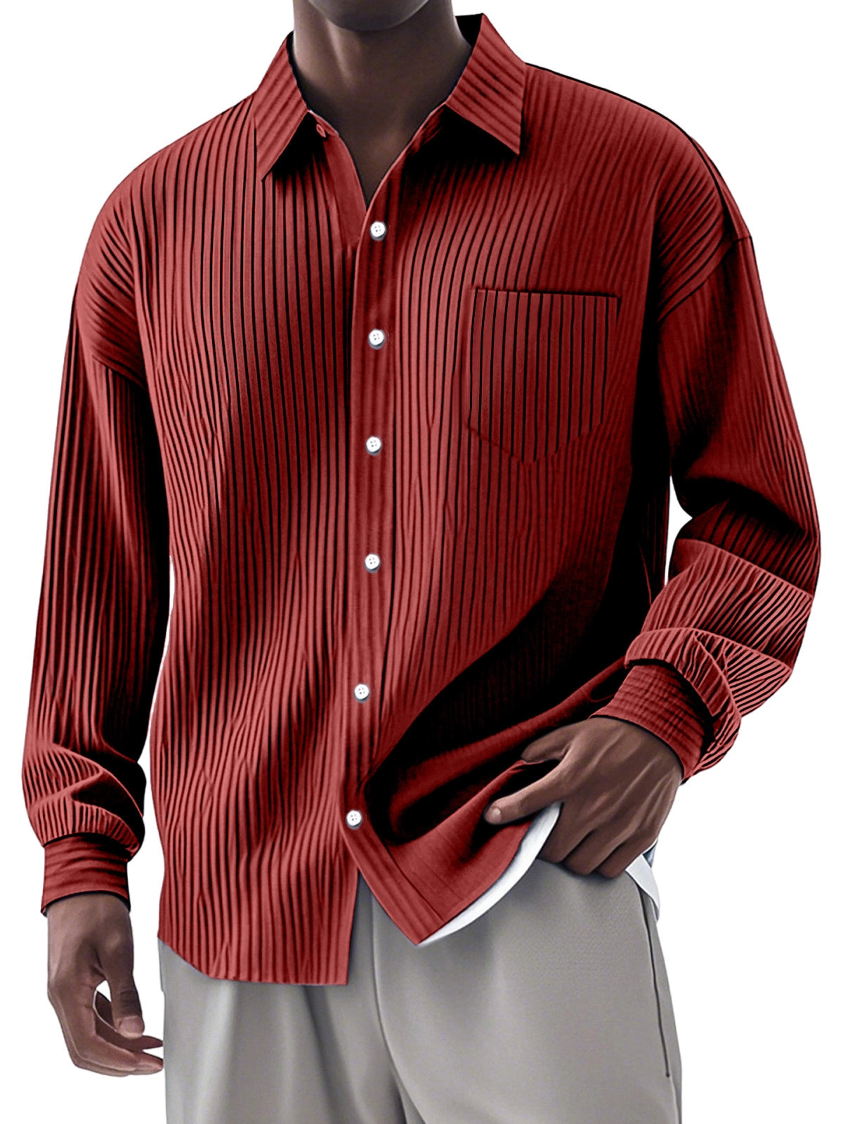 Men's Casual Simple Vertical Pit Strip Long-sleeved Lapel Shirt