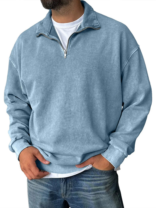 Sweat-shirt décontracté à col montant et demi-zip rétro pour homme