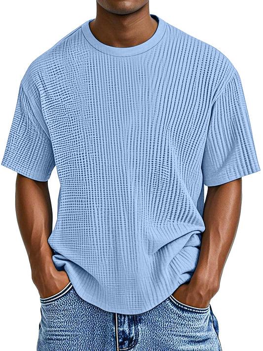 T-shirt gaufré décontracté à manches courtes pour homme, couleur unie, confortable