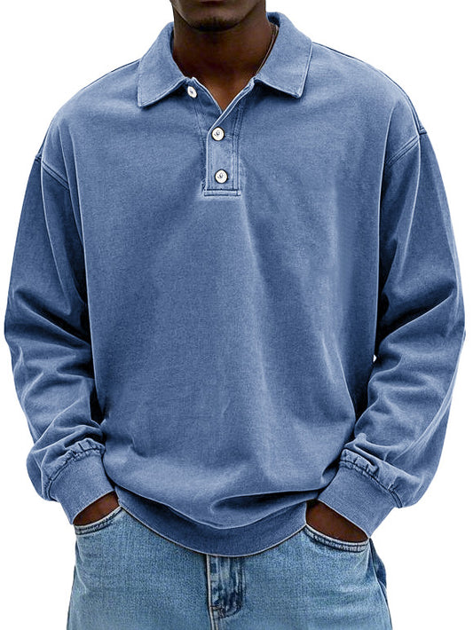 Polo à manches longues en coton délavé et vieilli pour homme