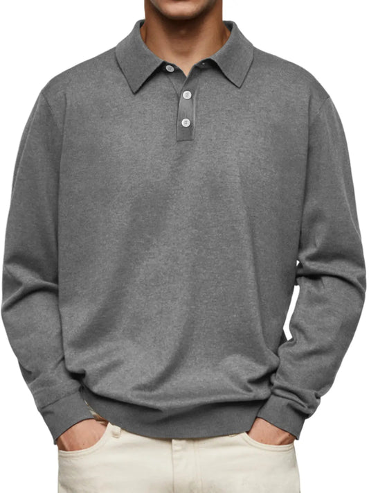 Polo à manches longues et revers de couleur unie pour homme, décontracté et confortable