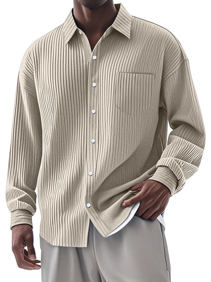 Men's Casual Simple Vertical Pit Strip Long-sleeved Lapel Shirt