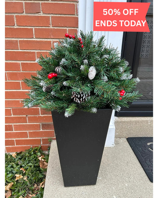 🎄Pre-lit Artificial Christmas Tree Urn Filler ▶︎ Weatherproof sparkle for entryways and patios